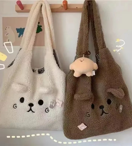 New Winter Soft Plush Tote Bag Women Cartoon Embroidery Imitation Lamb Hair Shoulder Bag for Women Shopper Bag Bolsa No Pendant